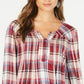 Style & Co Women's Plaid Split Neck Top Red Size Small