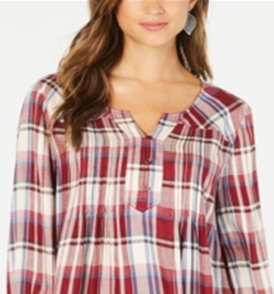 Style & Co Women's Plaid Split Neck Top Red Size Small