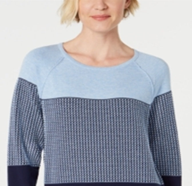 Karen Scott Women's Cotton Colorblocked Sweater Blue Size Petite Medium
