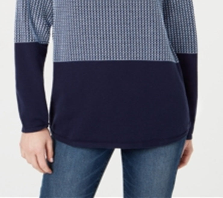 Karen Scott Women's Cotton Colorblocked Sweater Blue Size Petite Medium