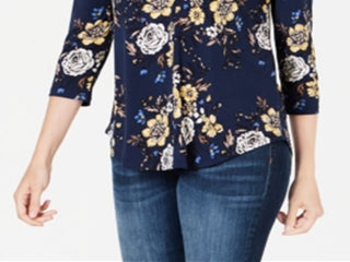 Charter Club Women's Floral Print V Neck Top Blue Size Large