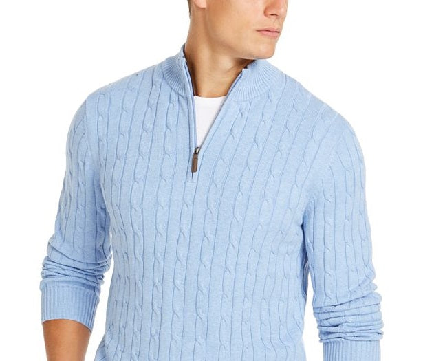 Club Room Men's Qurter Zip Pullover Cable Knit Sweater Blue Size Small