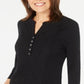 Karen Scott Women's Eyelet Front Cotton Henley Top Black Size Petite