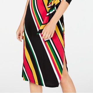 INC International Concepts Women's Belted Striped 3/4 Sleeve V Neck MIDI Sheath Dress Pink Size Large