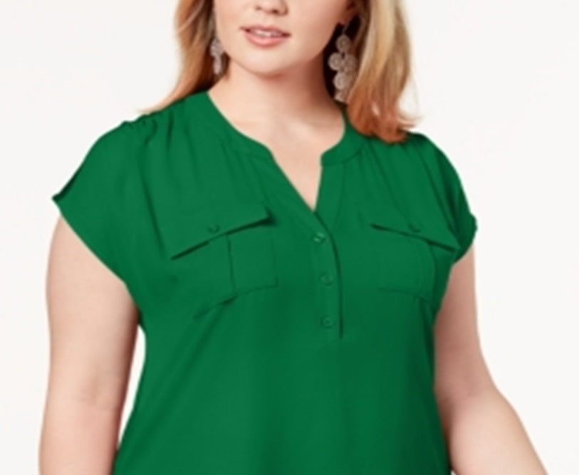 INC International Concepts Women's Plus Mixed Media Utility Shirt Green Size 4X