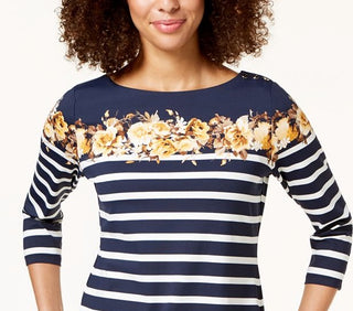 Charter Club Women's Striped 3/4 Sleeve Boat Neck Top Black Size Large