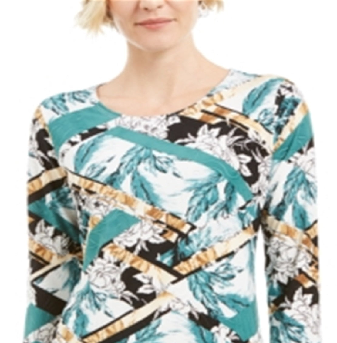 JM Collection Women's 3/4 Sleeve Printed Jacquard Top Green Size XX-Large