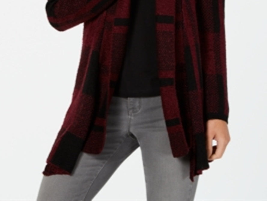 Style & Co Women's Plaid Boucle Cardigan Red Size Petite