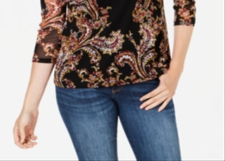 Charter Club Women's Floral Print Mesh Top Black Size Medium