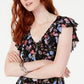 INC International Concepts Women's Floral Ruffle Drawstring V Neck Blouse Black Size X-Large