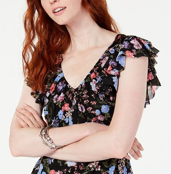 INC International Concepts Women's Floral Ruffle Drawstring V Neck Blouse Black Size X-Large