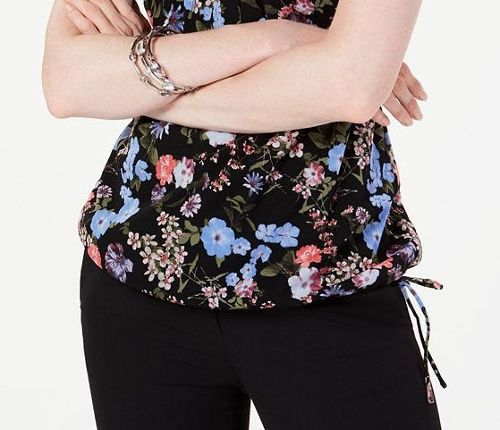 INC International Concepts Women's Floral Ruffle Drawstring V Neck Blouse Black Size X-Large
