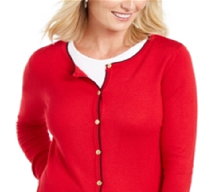 Karen Scott Women's Crew Neck Cardigan Red Size Small