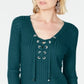 INC International Concepts Women's Lace Up Ribbed Knit Sweater Green Size Petite L