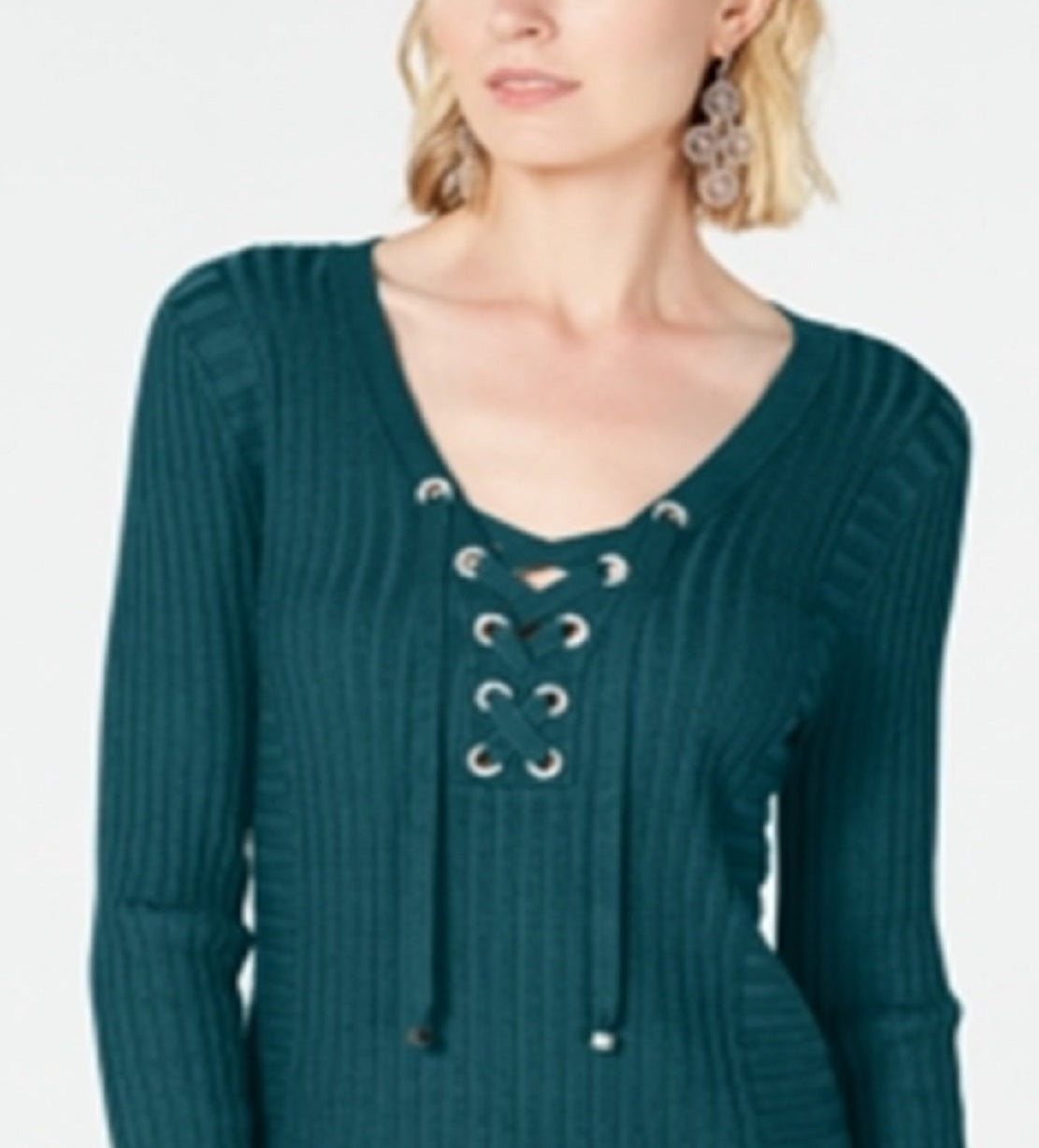 INC International Concepts Women's Lace Up Ribbed Knit Sweater Green Size Petite L