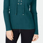 INC International Concepts Women's Lace Up Ribbed Knit Sweater Green Size Petite L