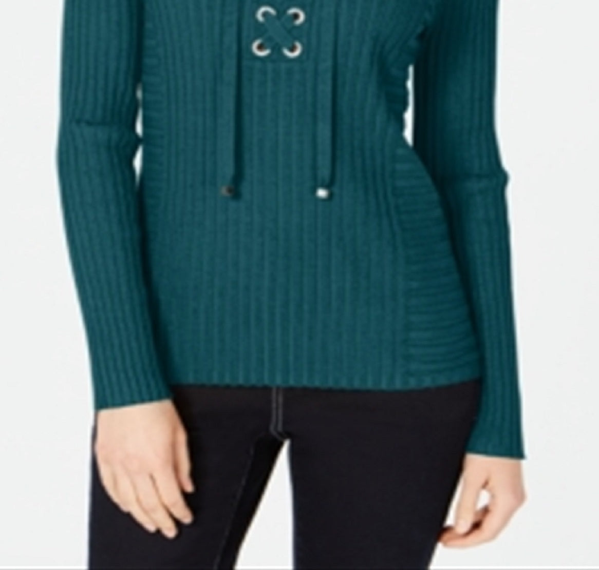 INC International Concepts Women's Lace Up Ribbed Knit Sweater Green Size Petite L