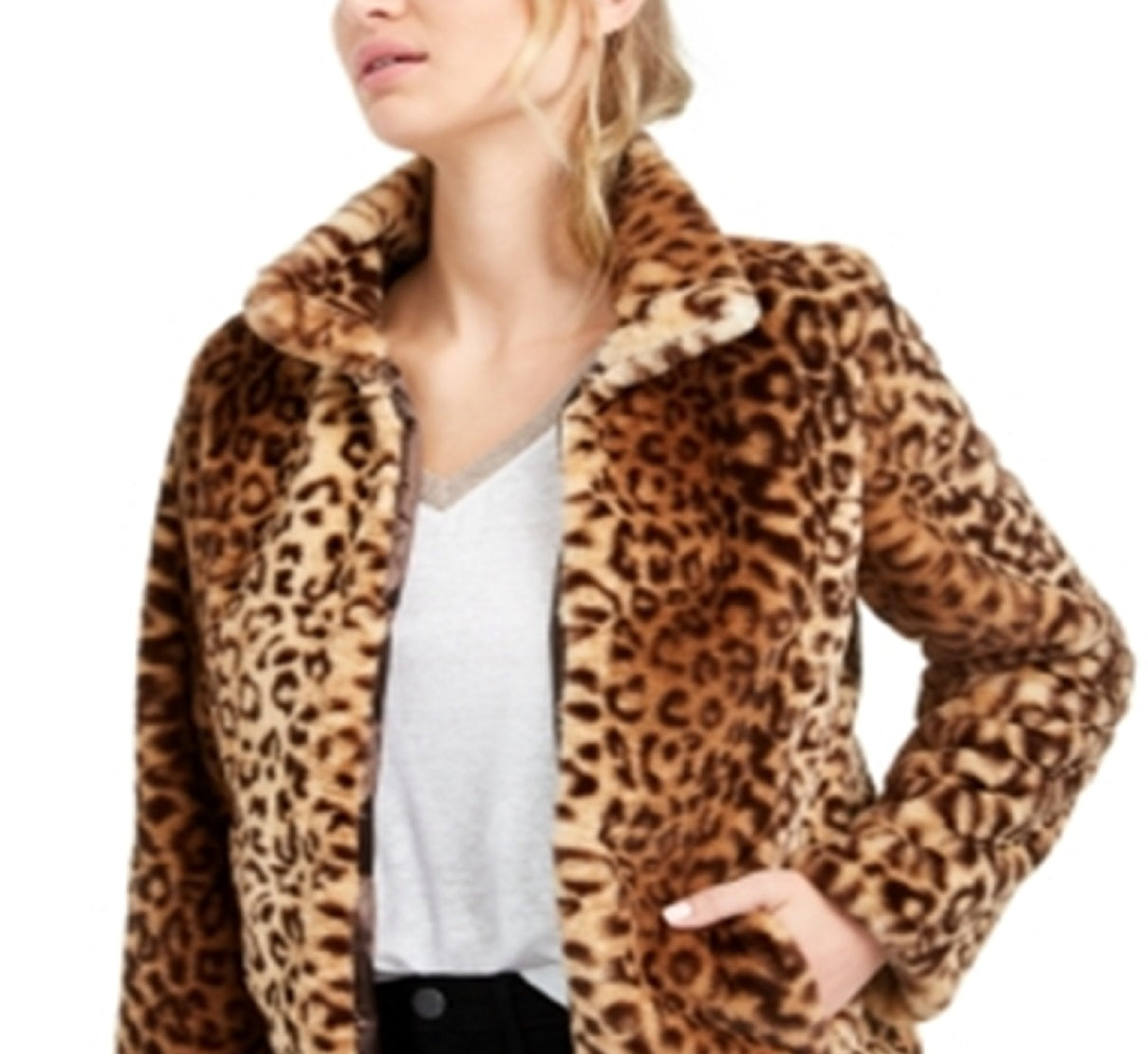 Maison Jules Women's Leopard Print Faux Fur Jacket Brown Size Medium