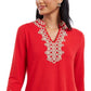 Charter Club Women's Embroidered Patterned 3/4 Sleeve V Neck Top Red Size X-Large