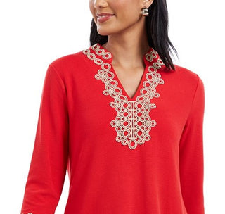 Charter Club Women's Embroidered Patterned 3/4 Sleeve V Neck Top Red Size X-Large