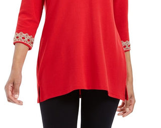 Charter Club Women's Embroidered Patterned 3/4 Sleeve V Neck Top Red Size X-Large