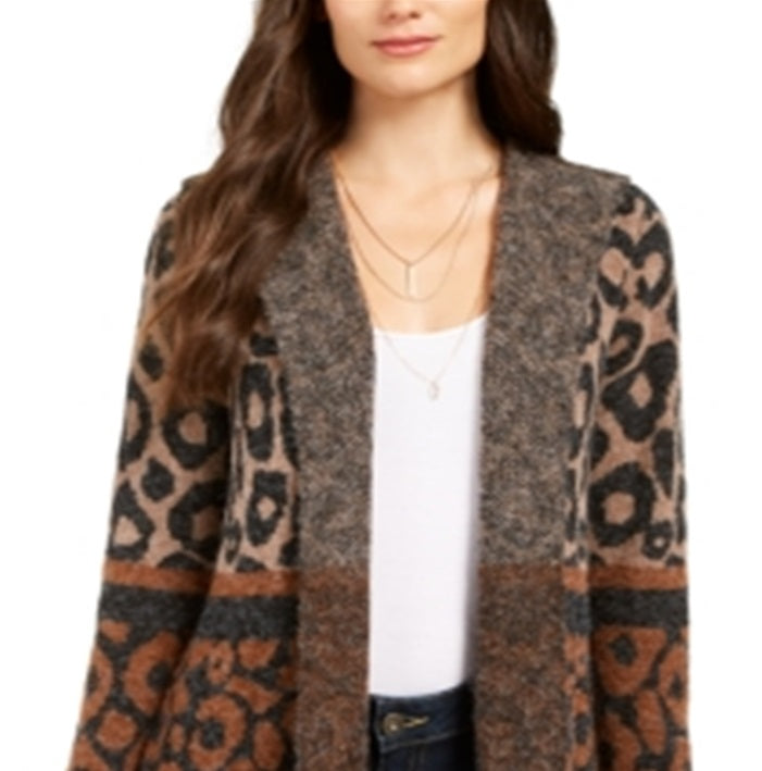 Style & Co Women's Leopard Print Open Front Cardigan Brown Size Petite M