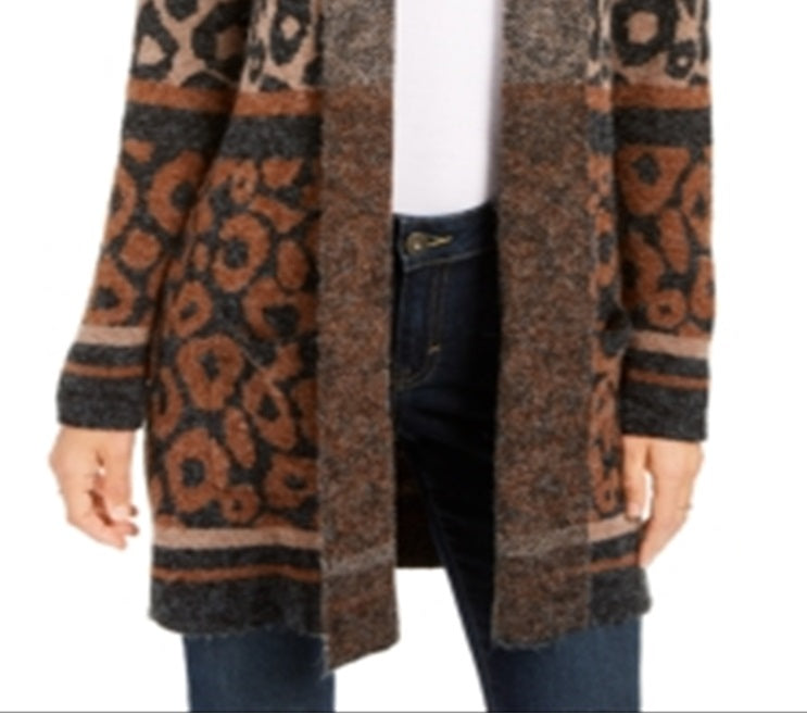 Style & Co Women's Leopard Print Open Front Cardigan Brown Size Petite M