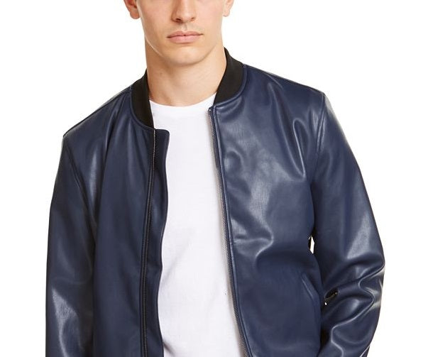 Alfani Men's Faux Leather Bomber Jacket Blue Size Small
