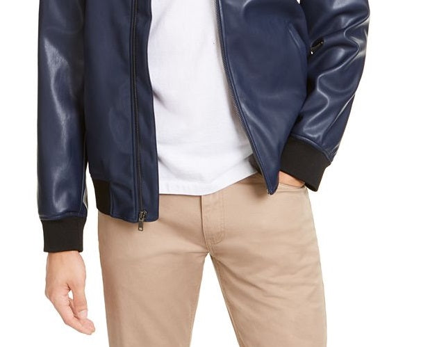 Alfani Men's Faux Leather Bomber Jacket Blue Size Small