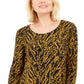 JM Collection Women's Floral 3/4 Sleeve Jewel Neck Top Black Size Petite Small