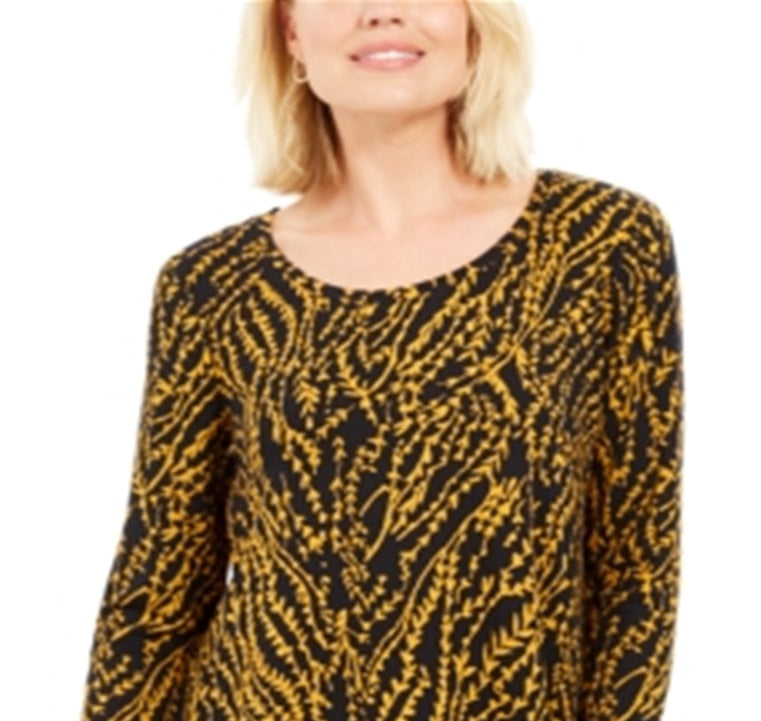 JM Collection Women's Floral 3/4 Sleeve Jewel Neck Top Black Size Petite Small