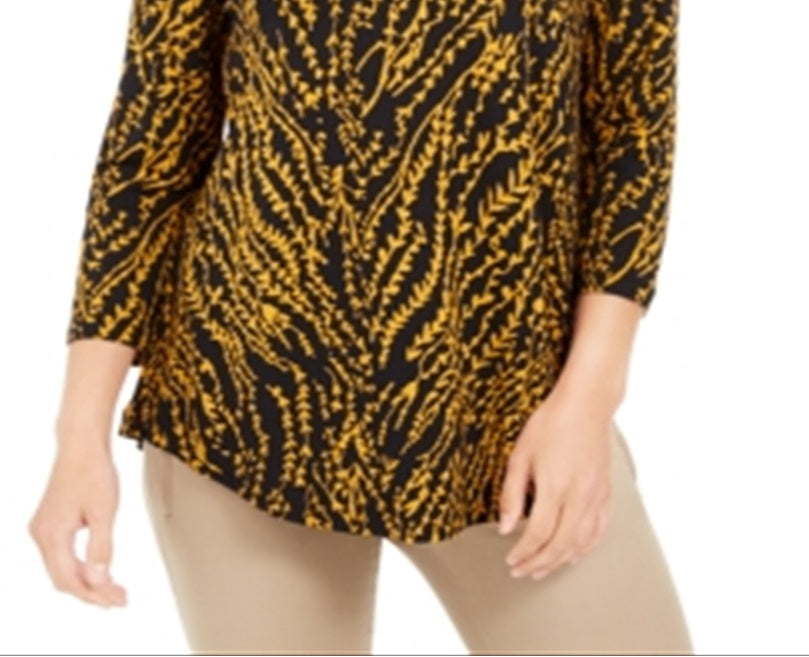JM Collection Women's Floral 3/4 Sleeve Jewel Neck Top Black Size Petite Small
