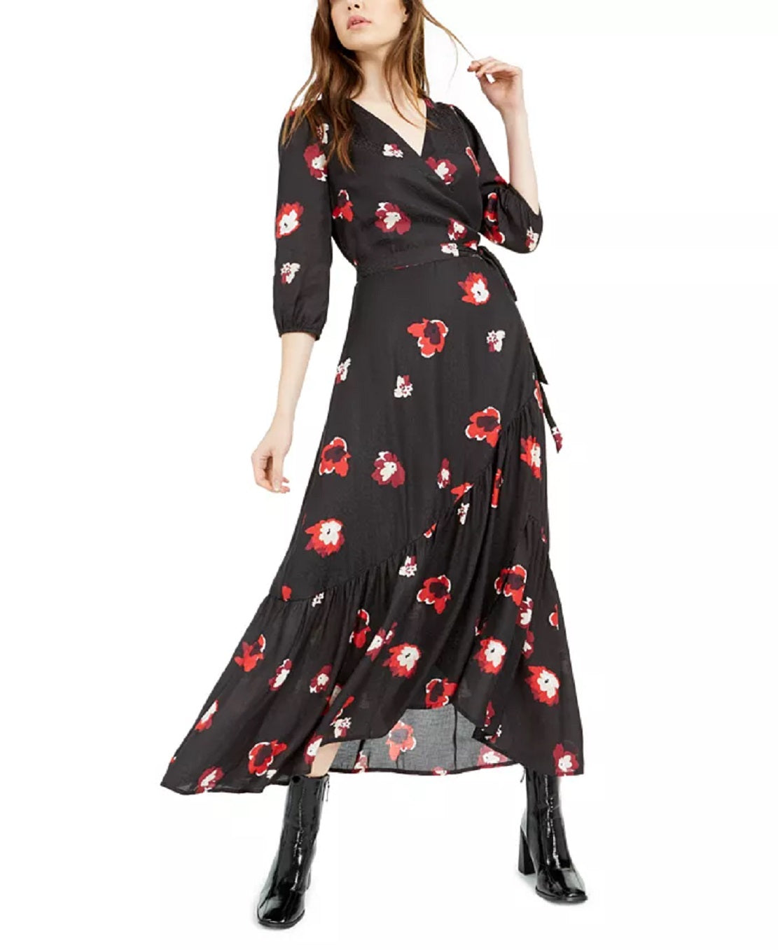 Bar III Women's Printed Jacquard Wrap Maxi Dress Black Size X-Small