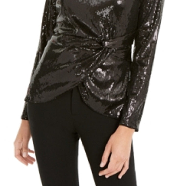 INC International Concepts Women's Twisted Sequined Top Black Size Large