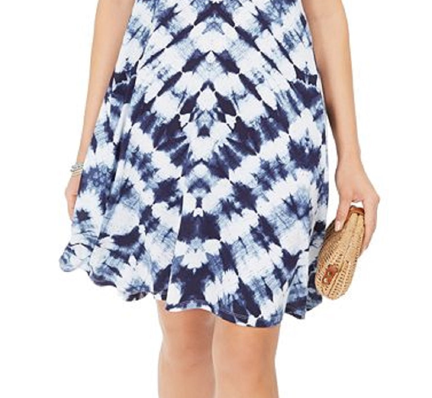 Style & Co Women's Tie Dyed Cold Shoulder Swing Dress Blue Size Petite M
