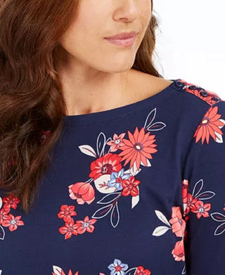 Charter Club Women's Pima Cotton Floral Print Top Blue Size XX-Large
