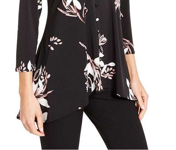 Alfani Women's Floral Print V Neck Blouse Black Size Medium