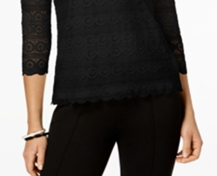 Charter Club Women's 3/4 Sleeve Lace Top Black Size X-Large