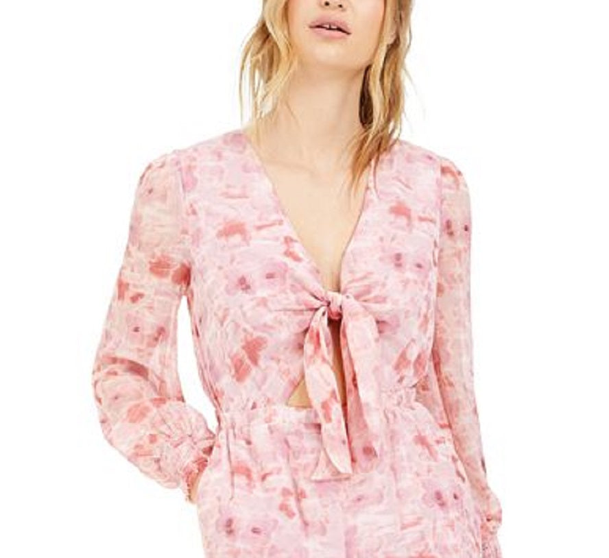 Bar III Women's Puff Sleeve Cut Out Romper Pink Size Medium