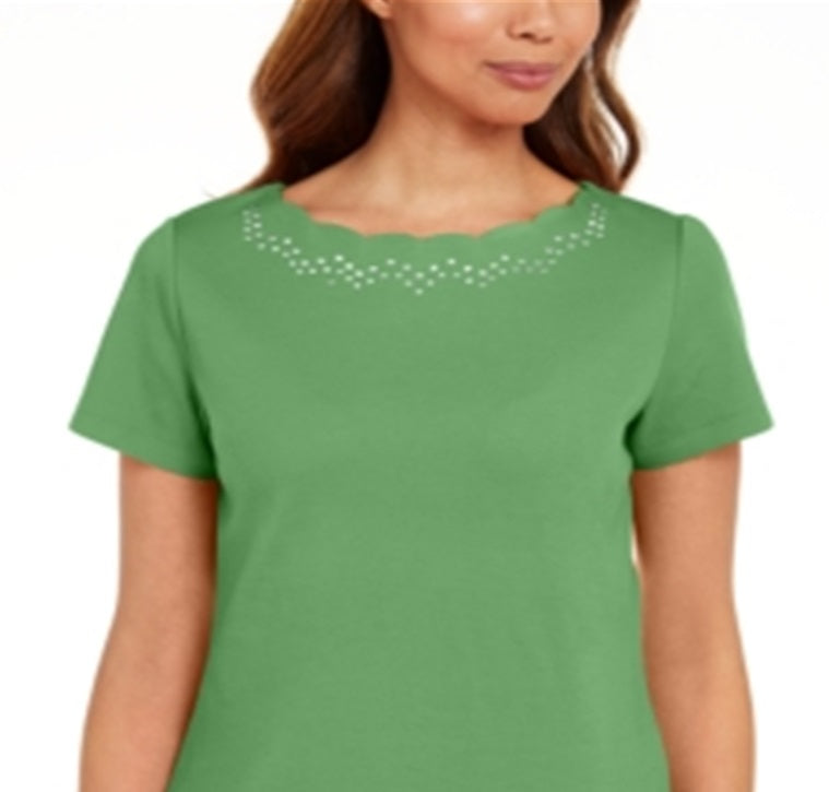 Karen Scott Women's Cotton Scalloped Neck T-Shirt Green Size Large