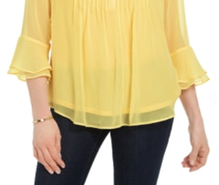 Charter Club Women's Double Ruffle Solid Pintuck Top Yellow Size X-Large