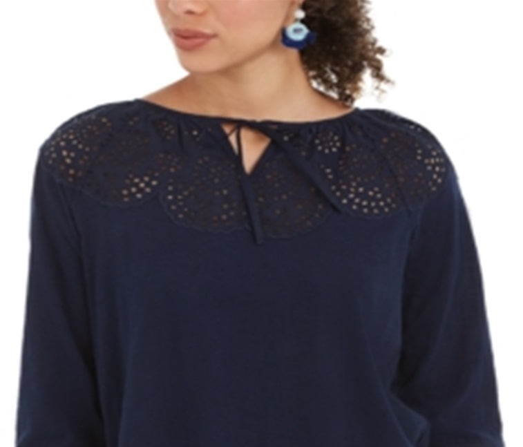 Style & Co Women's Cotton Eyelet Peasant Top Blue Size X-Small