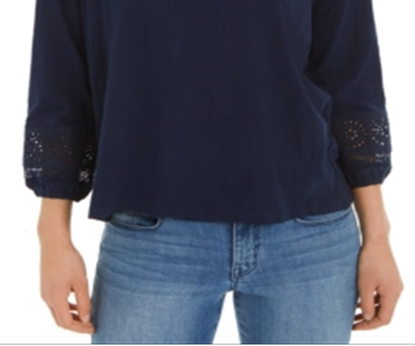 Style & Co Women's Cotton Eyelet Peasant Top Blue Size X-Small