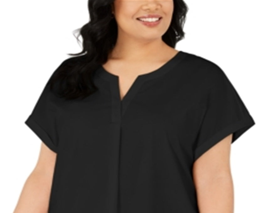 Alfani Women's Plus Split Neck Short Sleeve Top Black Size 2X