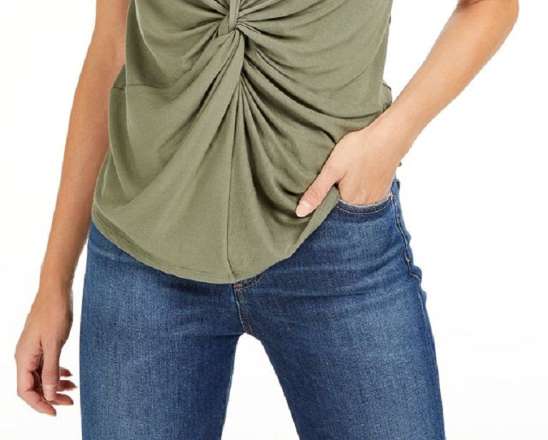 Bar III Women's Twist Front Embellished T-Shirt Green Size Large