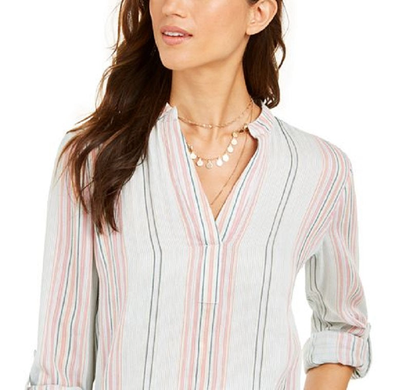 Style & Co Women's Cotton Striped Cuffed Sleeve Top Blue Size X-Small