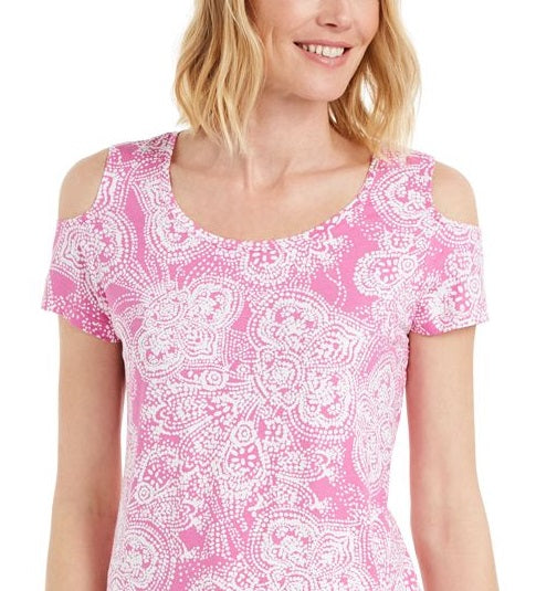JM Collection Women's Printed Cold Shoulder Scoop Neck Top Pink Size X-Large