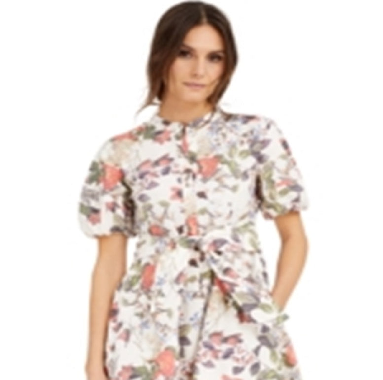 INC International Concepts Women's Floral Short Sleeve Crew Neck Short Shirt Dress White Size Large