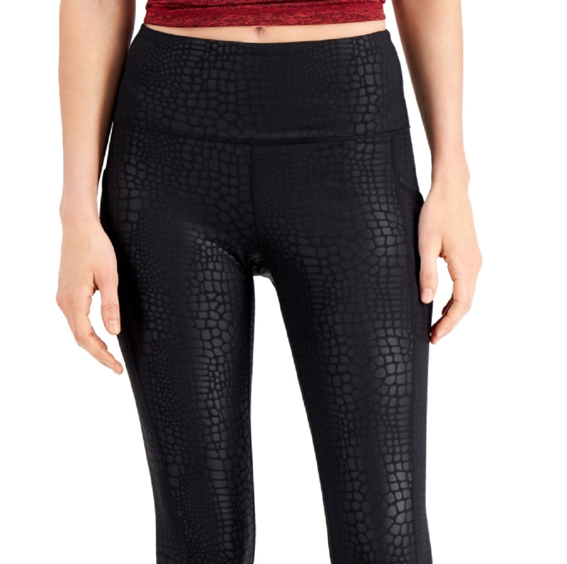 ID Ideology Women's Compression Croc Embossed Side Pocket 7/8 Length Leggings Black Size X-Large
