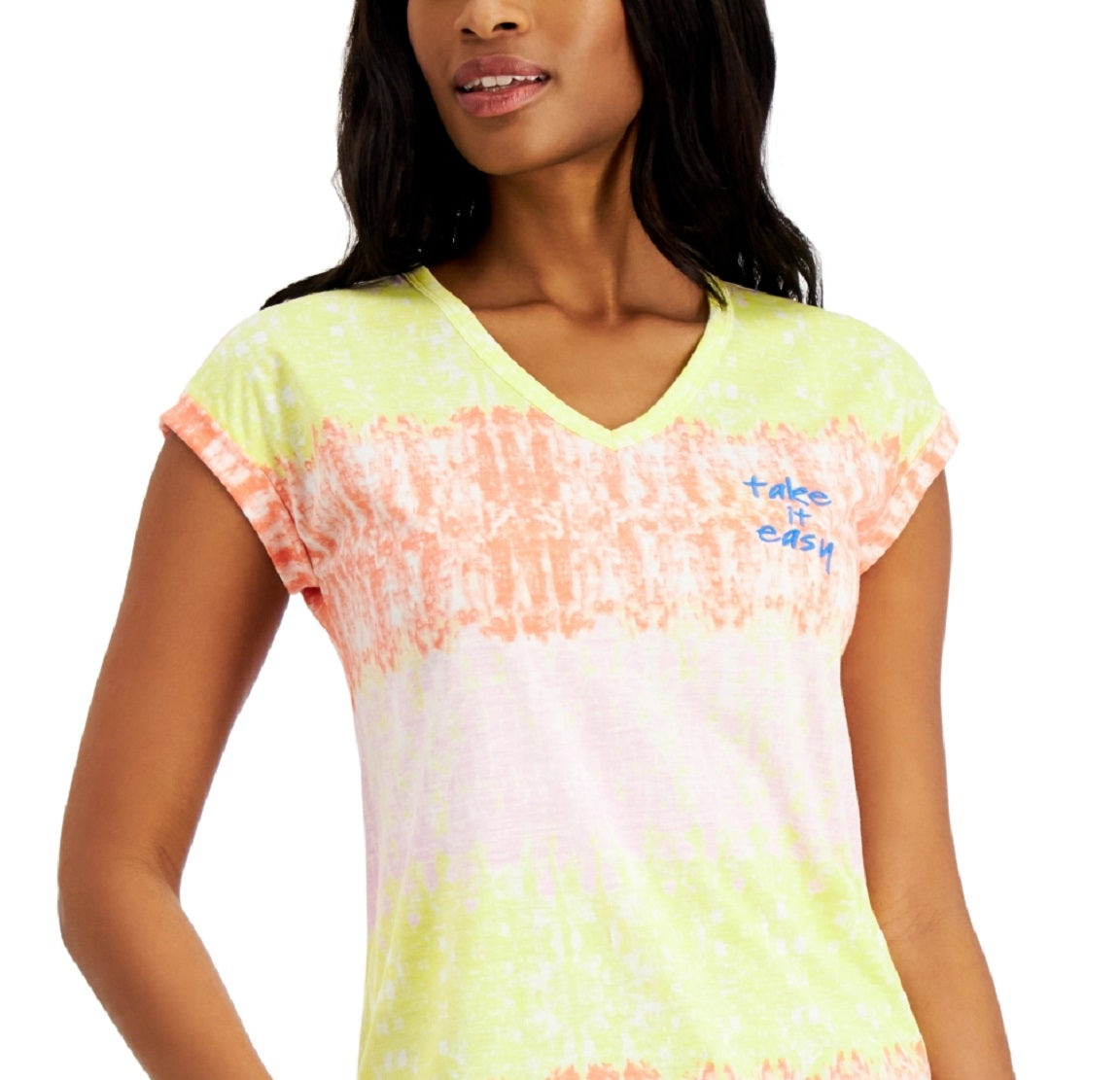 Style & Co Women's Take It Easy Graphic Print Top Yellow Size Petite Medium